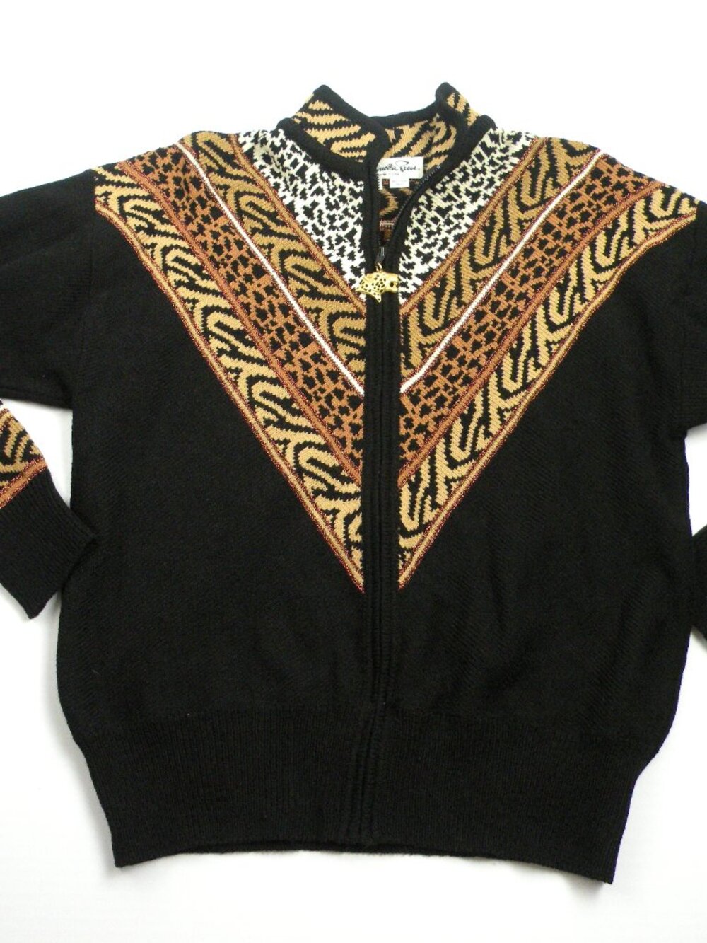 Antonella Preve New York Vintage M black tan animal print zipper sweater